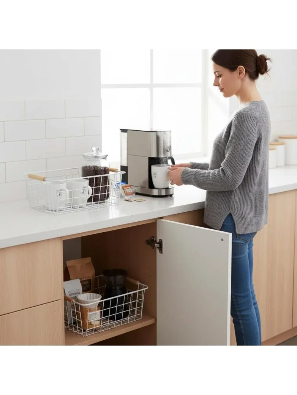 New Set of 2 White Wire Storage Baskets with Wooden Handles Pantry Organizer